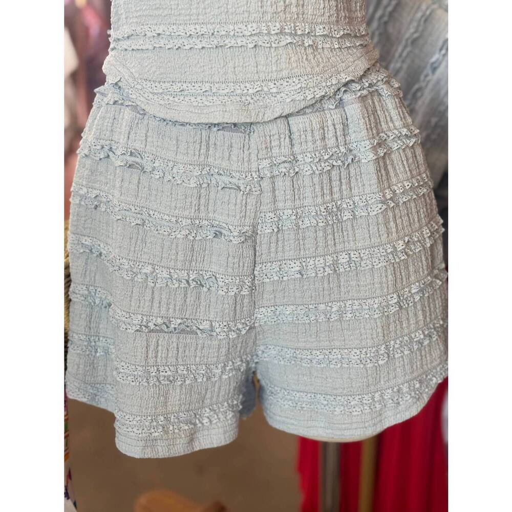 NEW LISTICLE ruffle lace bottom shorts in light blue